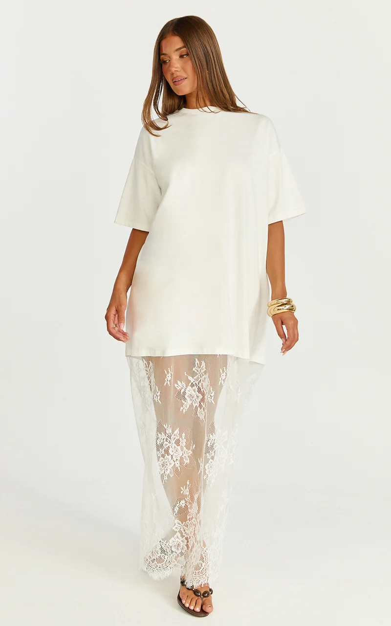 Jonna Midi Dress - Longline Lace Insert Tee in Off White
