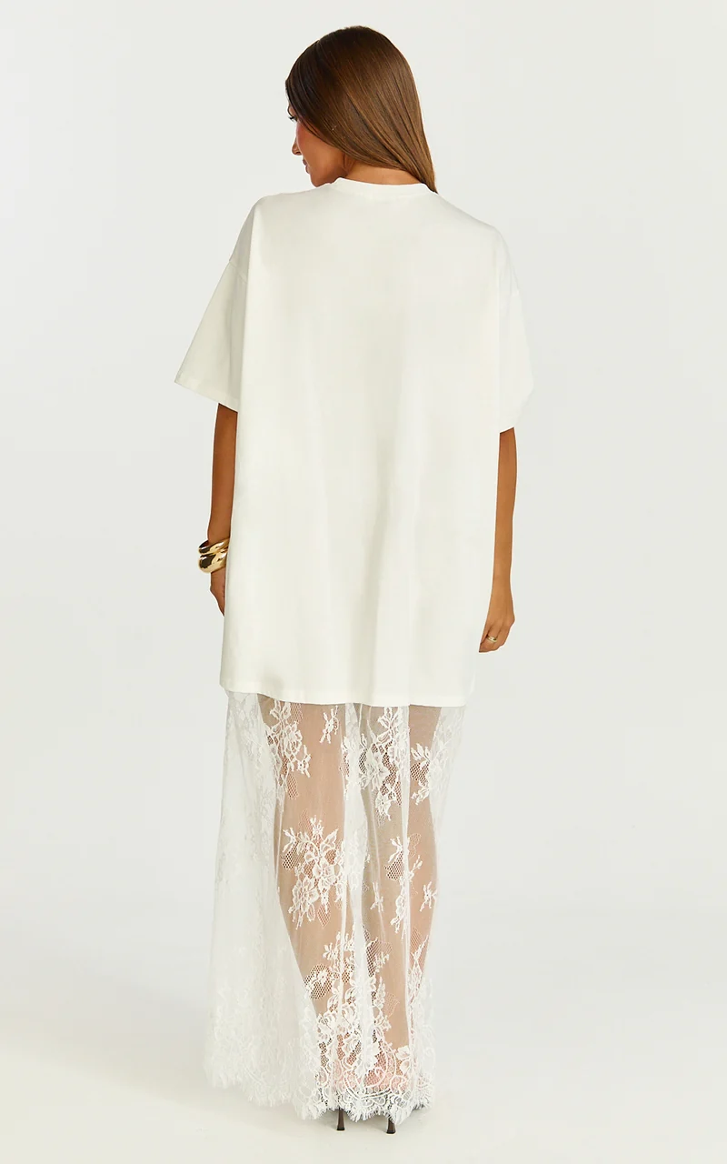 Jonna Midi Dress - Longline Lace Insert Tee in Off White