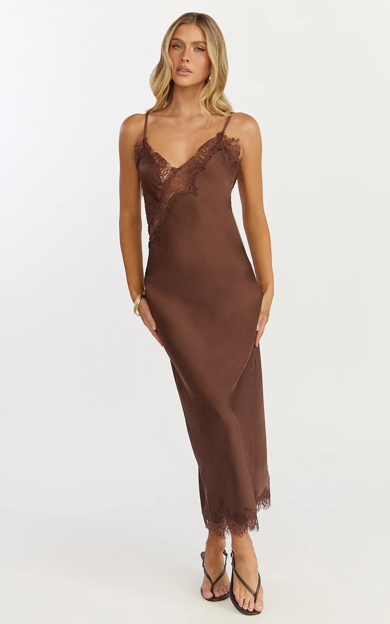 Ava Midi Dress - Lace Trim Scallop Hem Camisole Dress in Chocolate