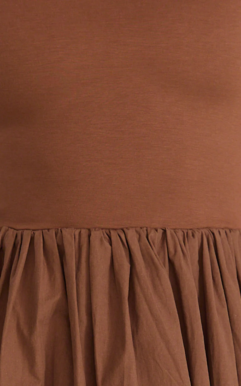 Jhamie Midi Dress - One Shoulder Contrast Skirt Dress in Chocolate