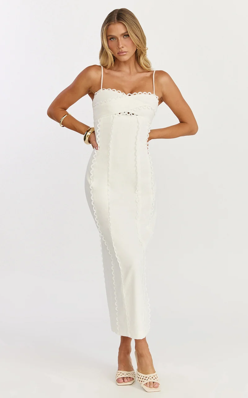 Nikki Midi Dress - Scallop Edge Front Split Column Dress in Off White