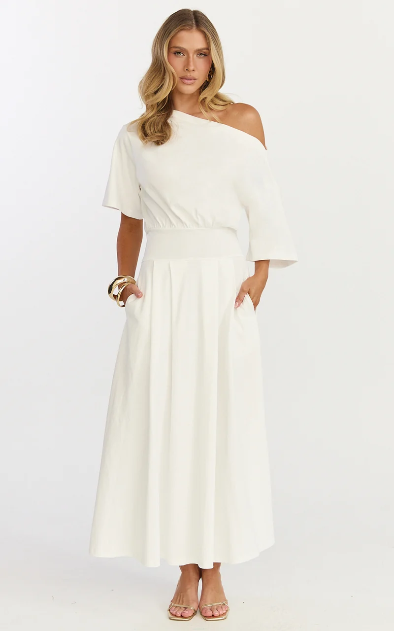 Tami Midi Dress - Off Shoulder Dress in White
