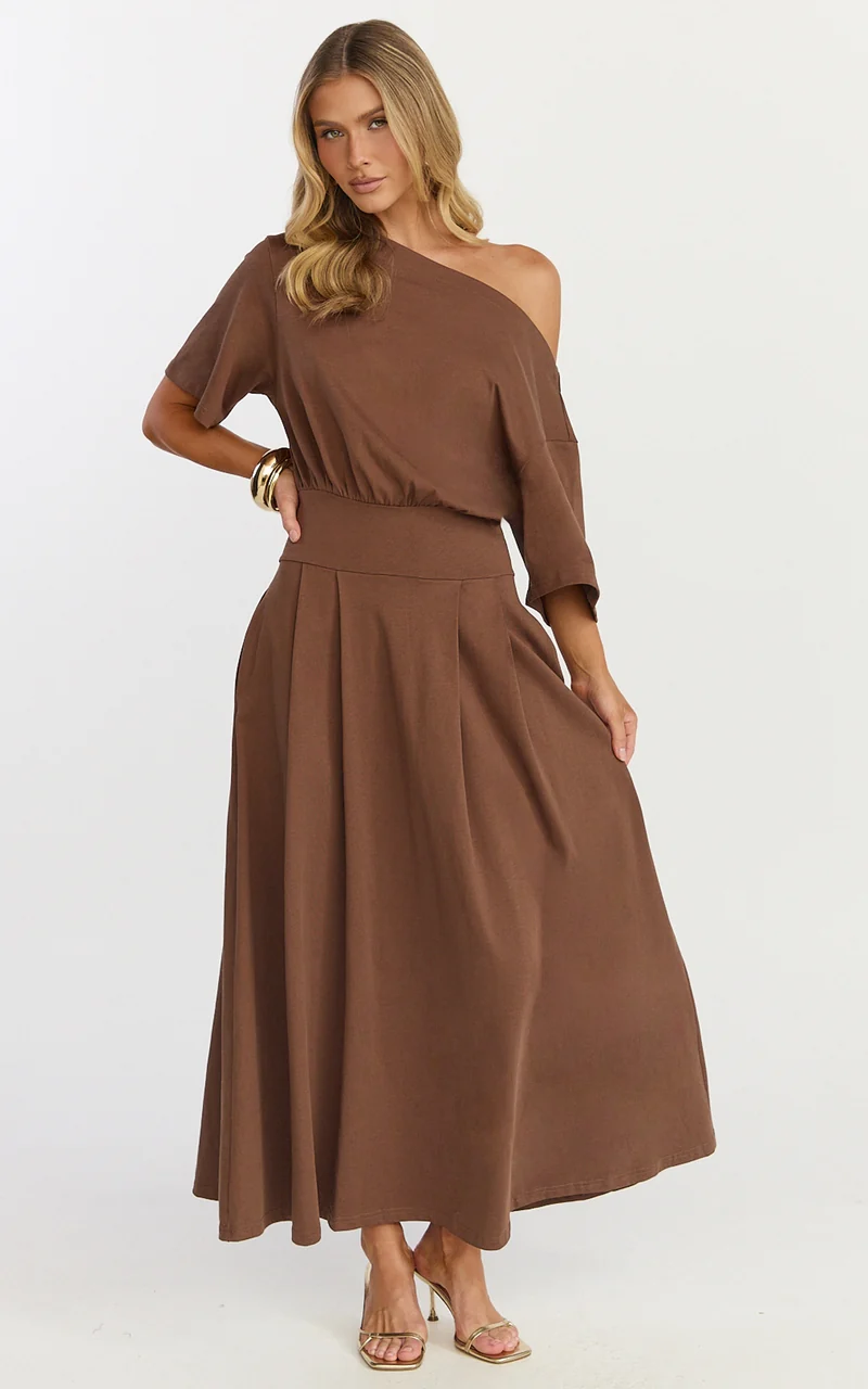 Tami Midi Dress - Off Shoulder Dress in Chocolate
