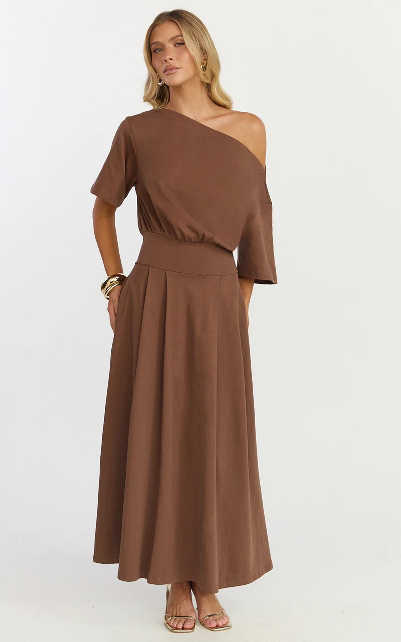 Tami Midi Dress - Off Shoulder Dress in Chocolate
