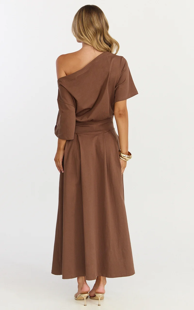Tami Midi Dress - Off Shoulder Dress in Chocolate
