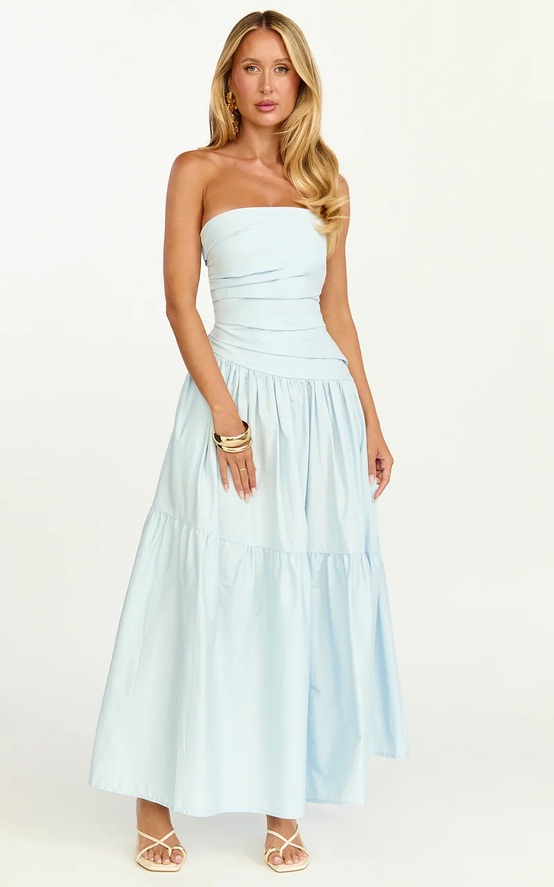 Cora Midi Dress - Strapless Dress in Blue
