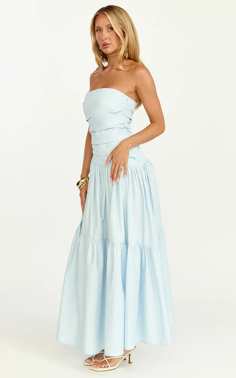 Cora Midi Dress - Strapless Dress in Blue