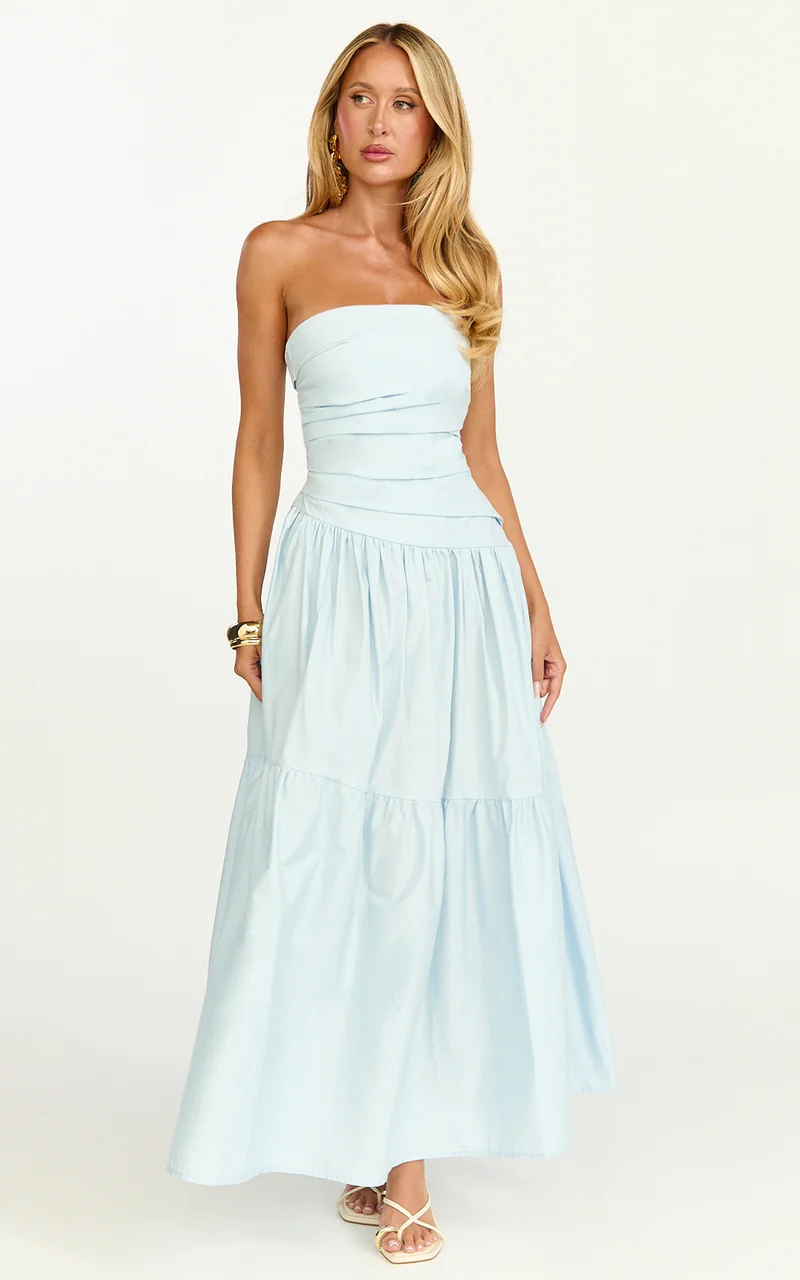 Cora Midi Dress - Strapless Dress in Blue