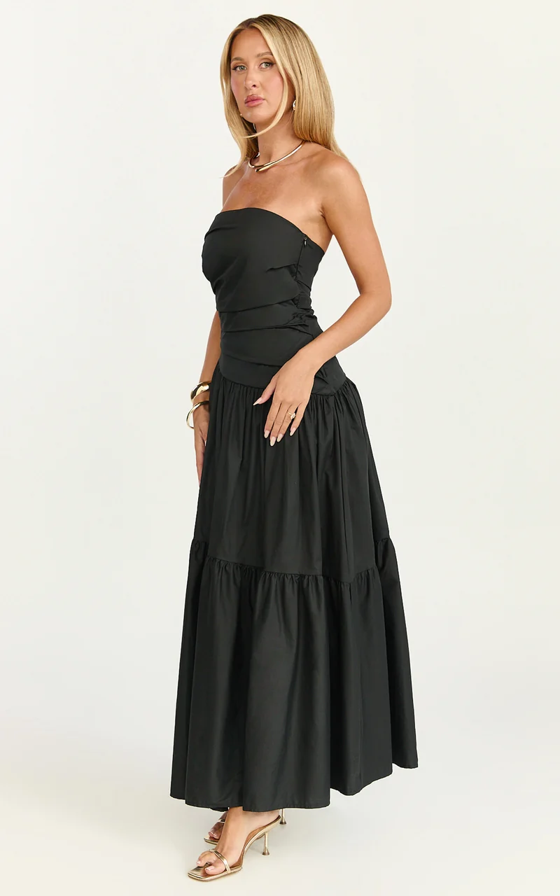 Cora Midi Dress - Strapless Dress in Black