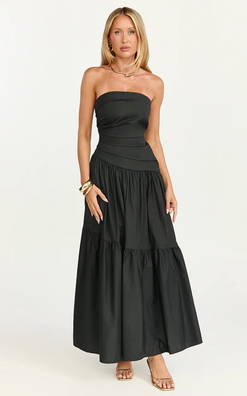Cora Midi Dress - Strapless Dress in Black