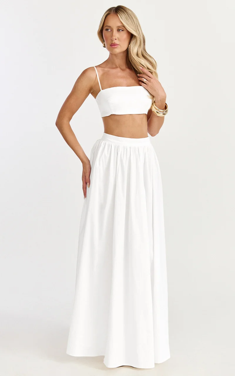 Tegan Two Piece Set - Straight Neck Micro Crop Top and A Line Maxi Skirt Set in White