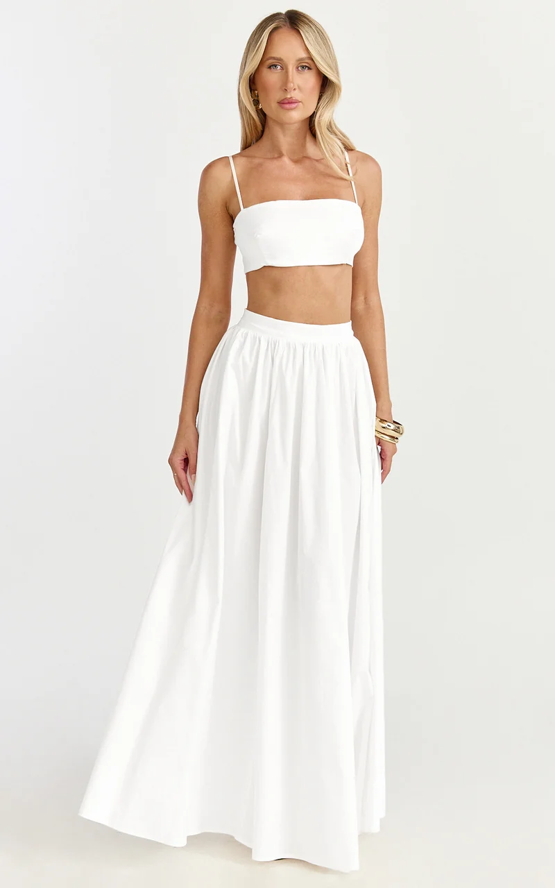 Tegan Two Piece Set - Straight Neck Micro Crop Top and A Line Maxi Skirt Set in White