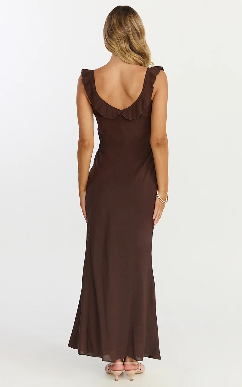 Lily Midi Dress - Ruffle V Neck Front Tie Slip Dress in Chocolate
