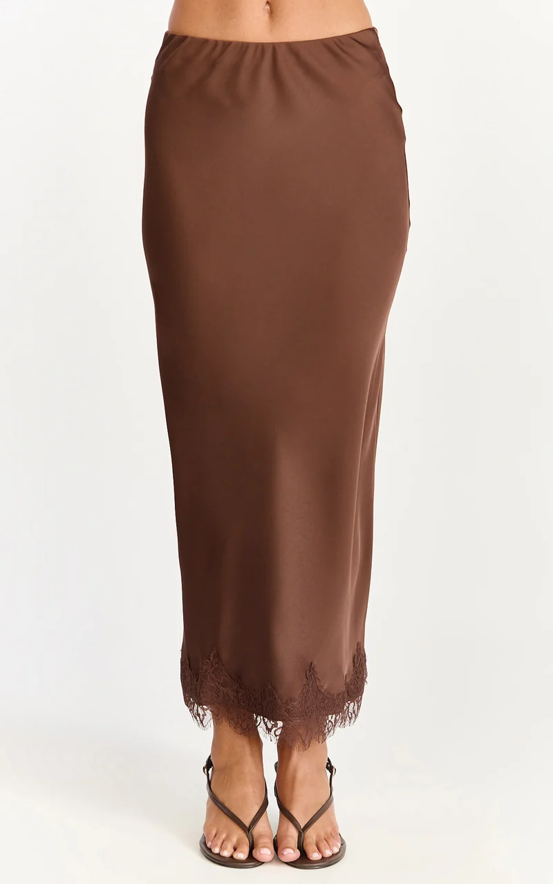 Ava Midi Skirt - Mid Waist Lace Trim Slip Skirt in Chocolate