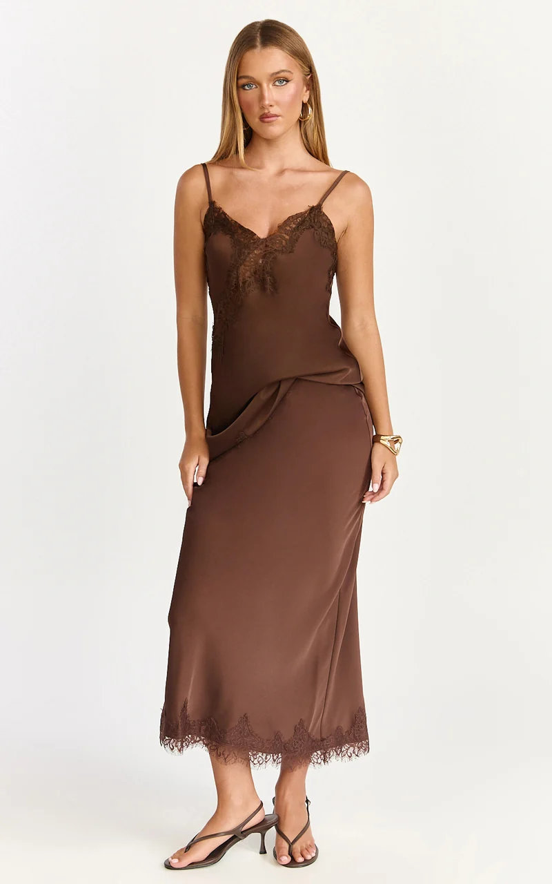 Ava Midi Skirt - Mid Waist Lace Trim Slip Skirt in Chocolate