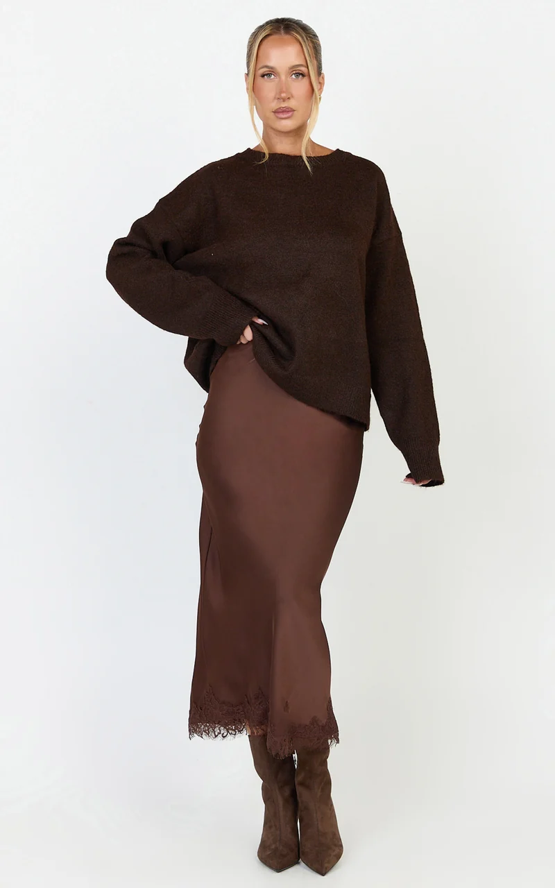 Ava Midi Skirt - Mid Waist Lace Trim Slip Skirt in Chocolate