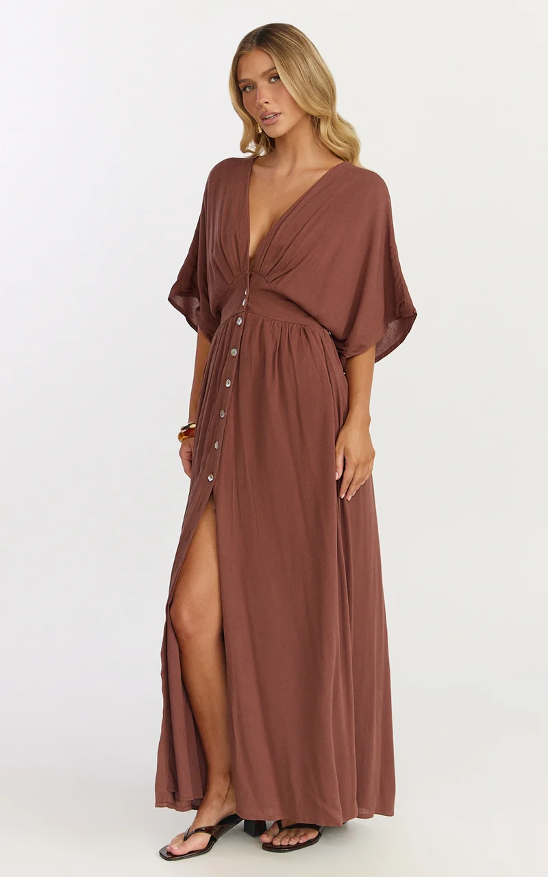 Sitting Pretty Maxi Dress - Short Sleeve Button Down Dress in Chocolate