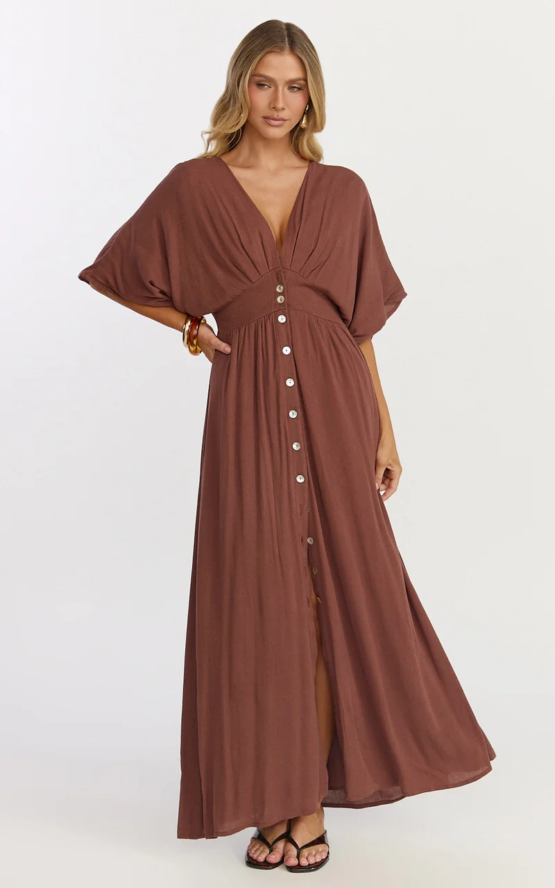 Sitting Pretty Maxi Dress - Short Sleeve Button Down Dress in Chocolate
