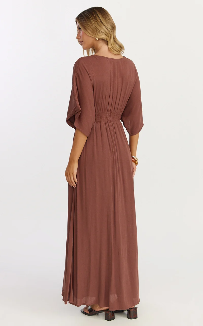 Sitting Pretty Maxi Dress - Short Sleeve Button Down Dress in Chocolate