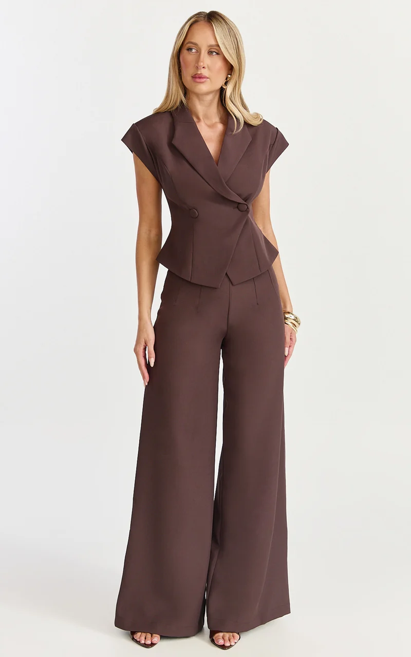 Poppy Top - Cap Sleeve Double Breasted Vest Top in Dark Chocolate