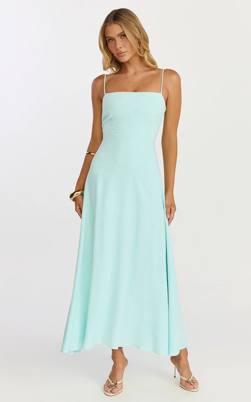Rose Midi Dress - Strappy Straight Neck Midi Dress in Mint