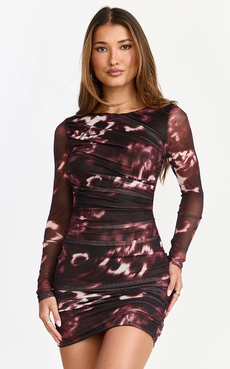 Zita Mini Dress - High Neck Long Sleeve Bodycon Mesh Dress in Botanical Haze