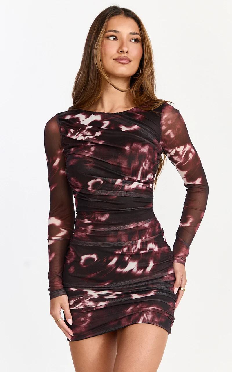 Zita Mini Dress - High Neck Long Sleeve Bodycon Mesh Dress in Botanical Haze
