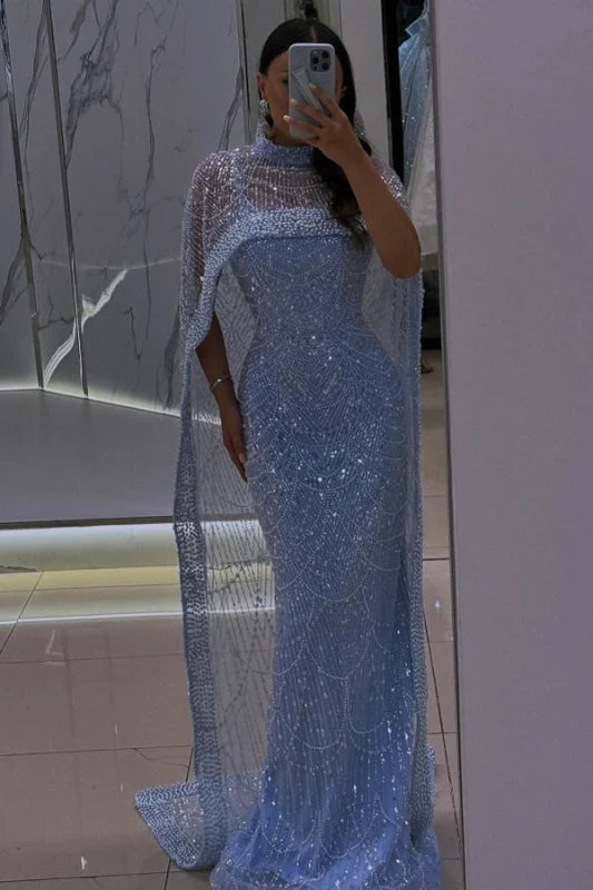 Charmante robe de bal longue à bretelles spaghetti et col haut avec perles et cache-cœur