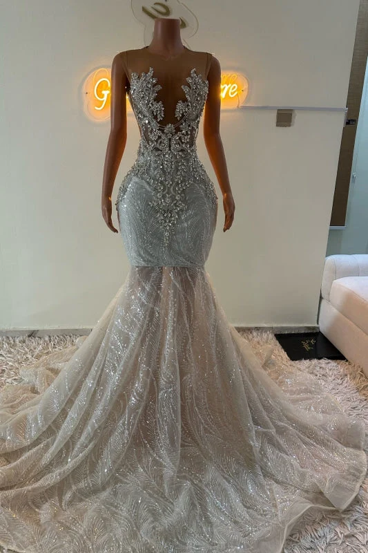 Robe de bal sirène scintillante à col en V et strass pour des soirées élégantes