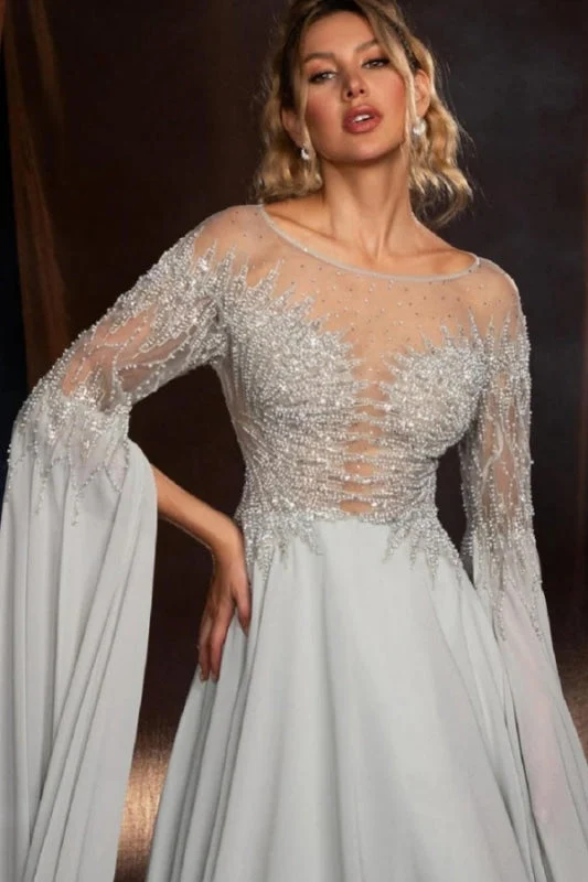 Robe de bal élégante en mousseline de soie, dentelle et appliques perlées, coupe trapèze, manches longues