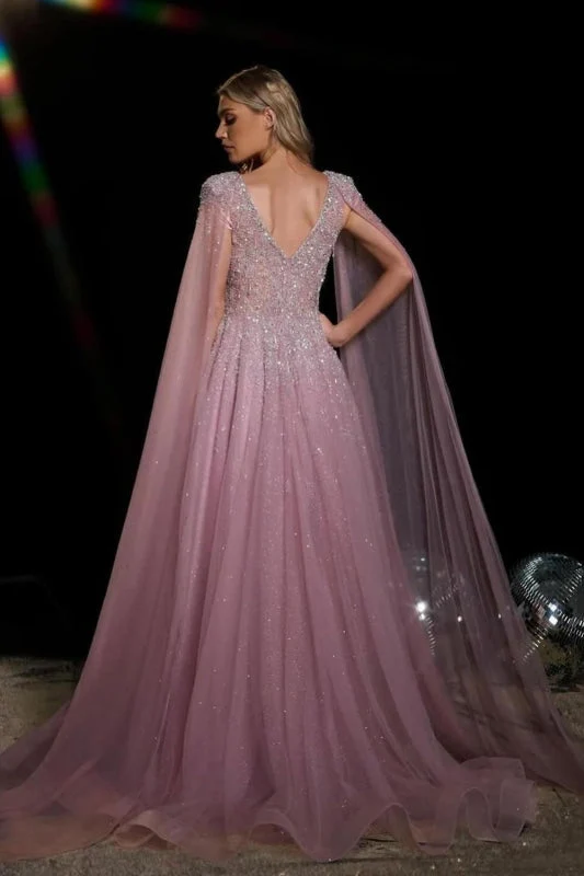 Robe de bal longue en tulle et dentelle à paillettes et col en V, ornée de perles scintillantes