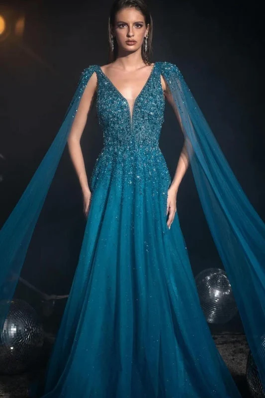 Robe de bal longue en tulle et dentelle à paillettes et col en V, ornée de perles scintillantes