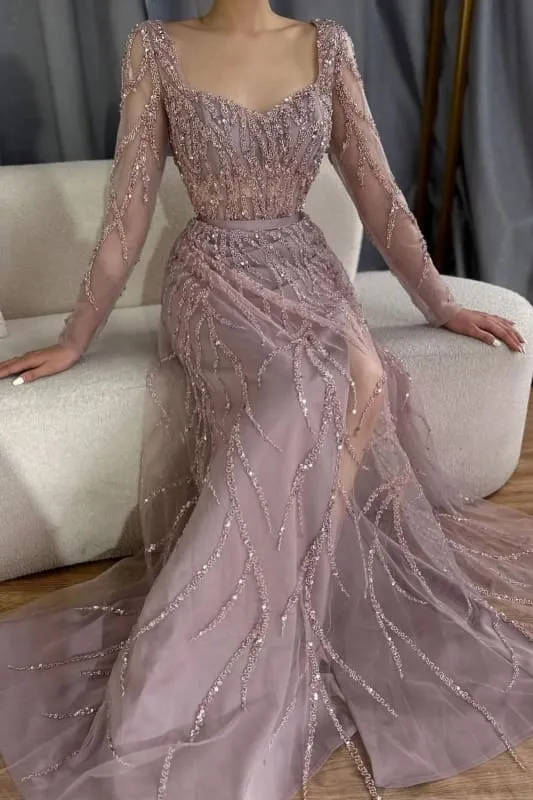 Charmante robe de bal en satin froncé à col rond et dentelle perlée fendue sur le côté