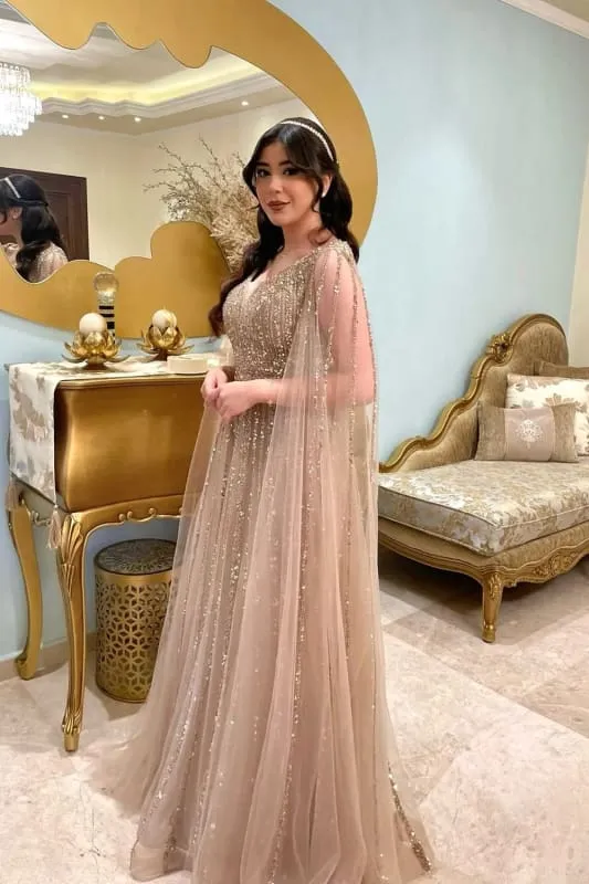 Charmante robe de bal trapèze à col en V et paillettes perlées : élégante robe de soirée formelle en maille, sans manches
