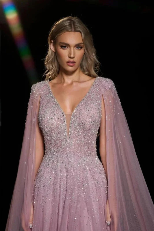Robe de bal longue en tulle et dentelle à paillettes et col en V, ornée de perles scintillantes
