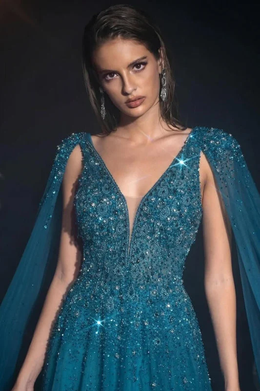Robe de bal longue en tulle et dentelle à paillettes et col en V, ornée de perles scintillantes