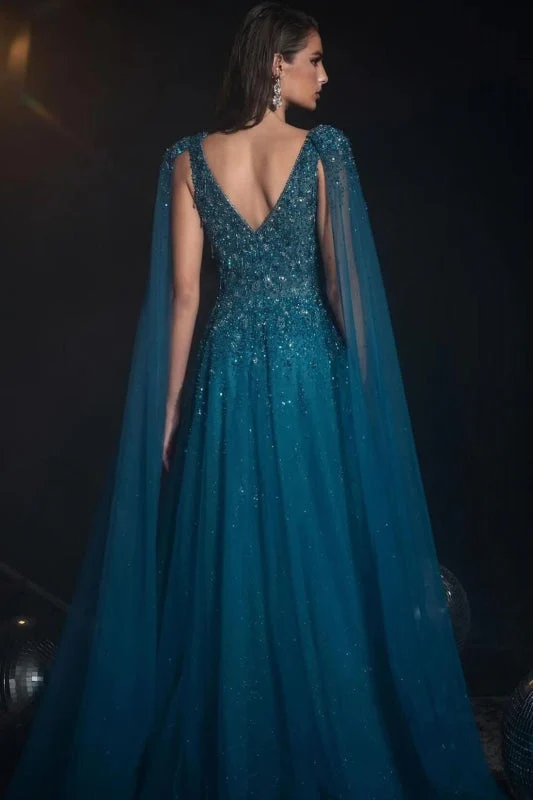 Robe de bal longue en tulle et dentelle à paillettes et col en V, ornée de perles scintillantes