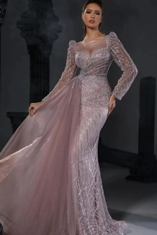 Charmante robe de bal fourreau à manches longues et perles