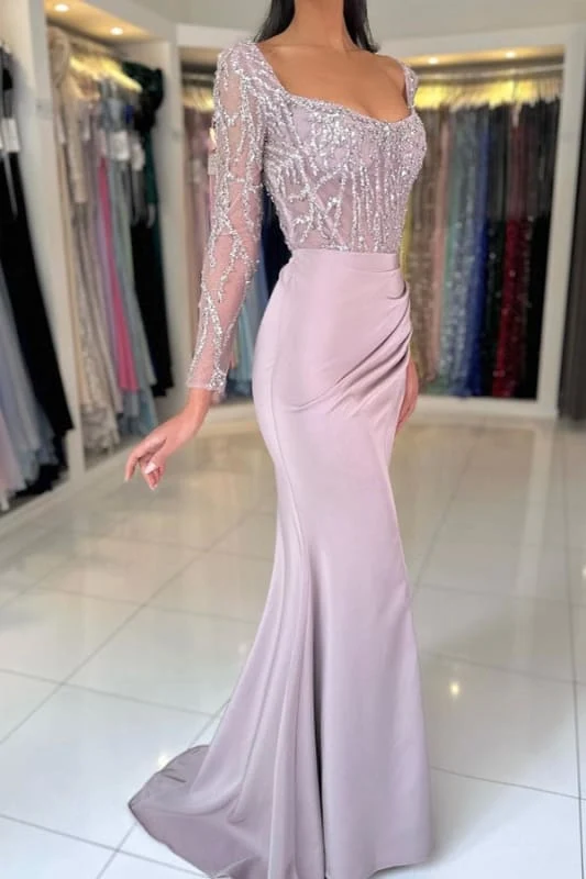 Charmante robe de bal à manches longues en satin froncé et col rond ornée de perles