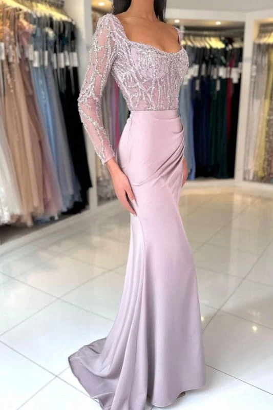Charmante robe de bal à manches longues en satin froncé et col rond ornée de perles