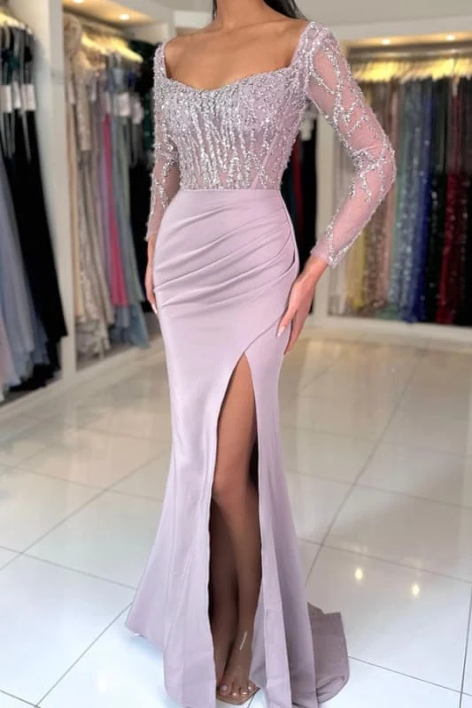 Charmante robe de bal à manches longues en satin froncé et col rond ornée de perles