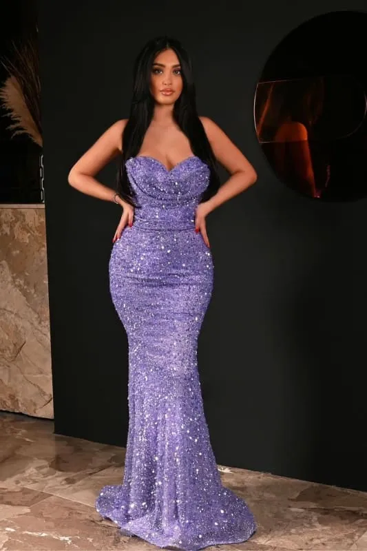 Robe de bal sirène éblouissante à paillettes sans manches et décolleté en cœur - Robe longue élégante