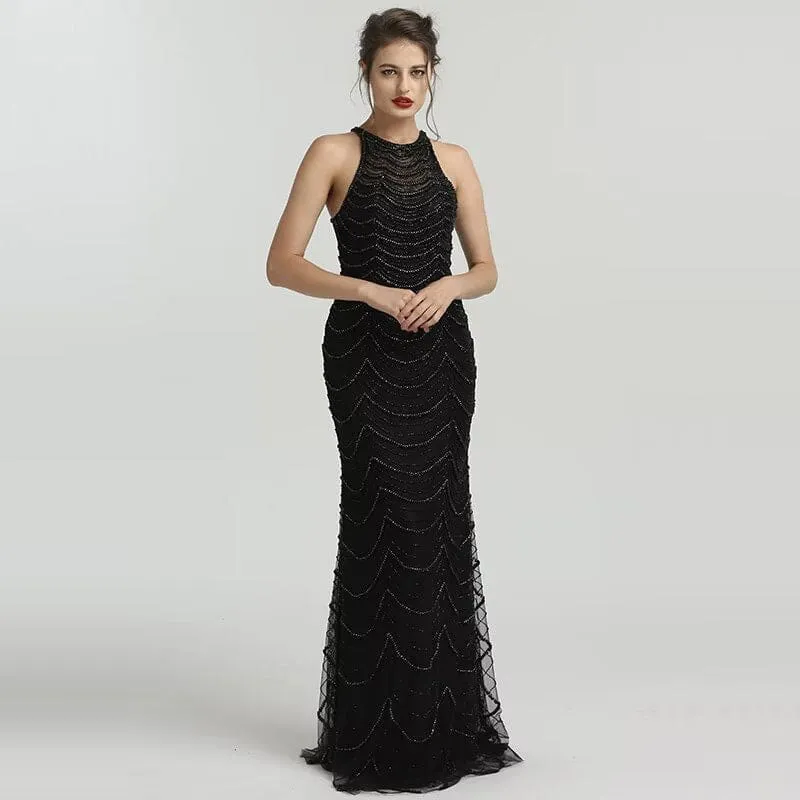 Robe de bal sirène en tulle à paillettes noires scintillantes : élégante robe sans manches pour les occasions spéciales