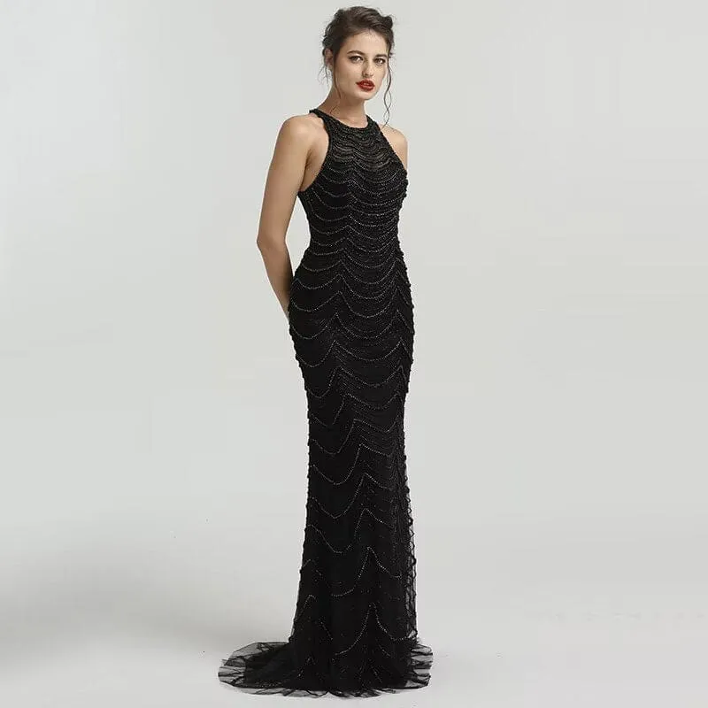 Robe de bal sirène en tulle à paillettes noires scintillantes : élégante robe sans manches pour les occasions spéciales