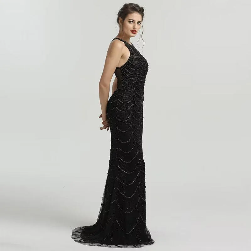 Robe de bal sirène en tulle à paillettes noires scintillantes : élégante robe sans manches pour les occasions spéciales
