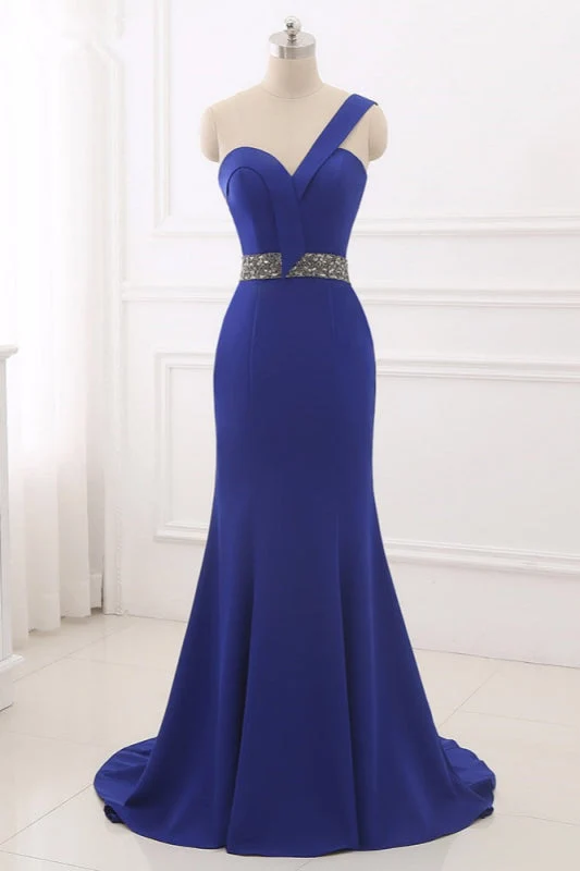 Robe de bal sirène élégante bleu roi à une épaule avec dos perlé