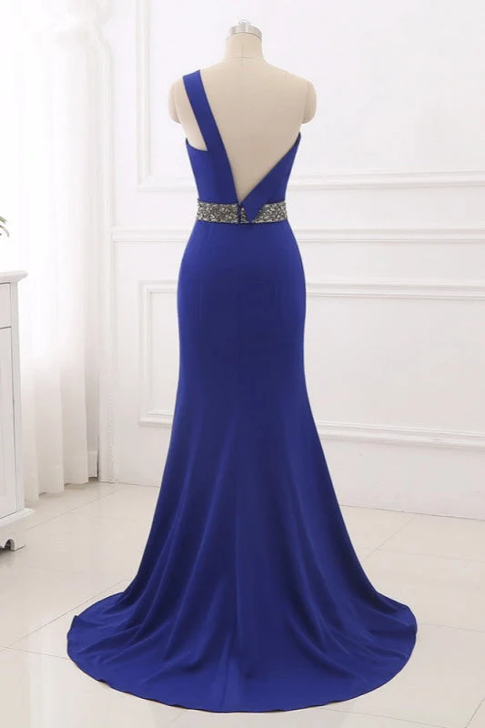 Robe de bal sirène élégante bleu roi à une épaule avec dos perlé