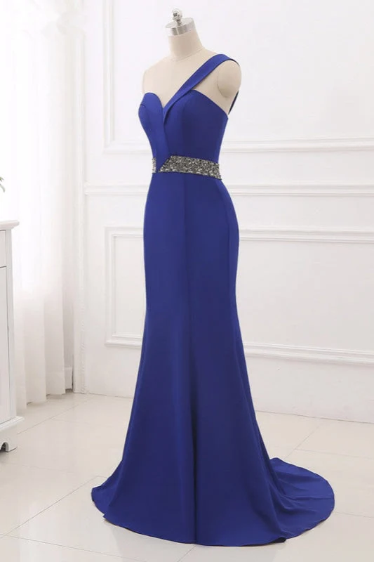 Robe de bal sirène élégante bleu roi à une épaule avec dos perlé