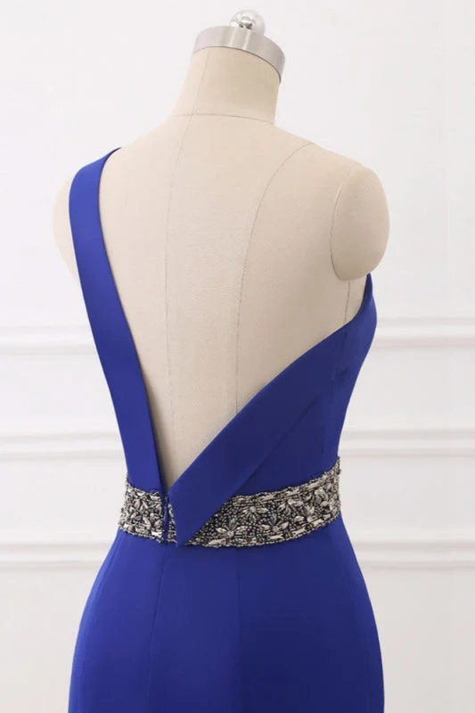 Robe de bal sirène élégante bleu roi à une épaule avec dos perlé