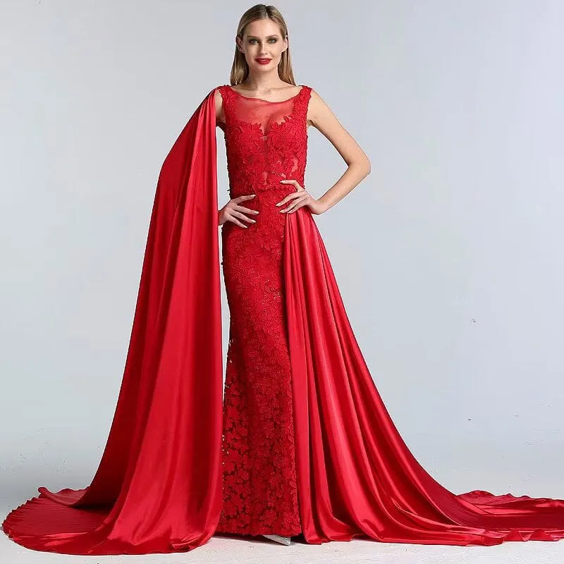 Charmante robe de bal longue trapèze en dentelle rouge imprimée avec traîne élégante